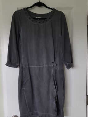 Unique Gray Long-Sleeve Drawstring Tunic Dress